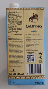 Norwich, England: October 16 2025: Portuguese Campino white wine carton packaging on display