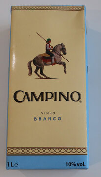 Norwich, England: October 16 2025: Portuguese Campino white wine carton packaging on display