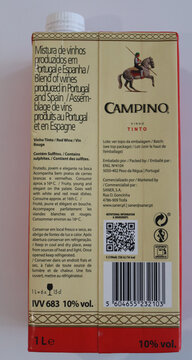 Norwich, England: October 16 2025: Portuguese Campino red wine carton packaging photographed for editorial use