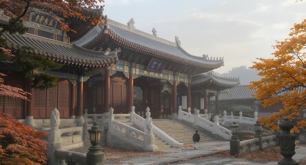 Obraz premium Majestic East Asian Temple Structure with Intricate Traditional Design, Featuring Grand Stone Staircases and Vibrant Autumn Colors, Bathed in Soft Morning Mist, Representing Cultural Heritage and