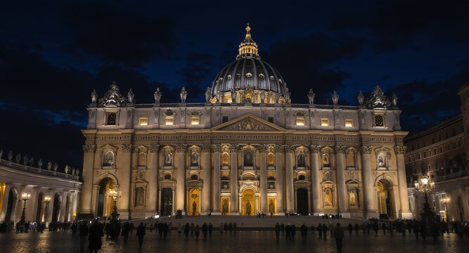 Majestic Ornate Grand Cathedral Facade and Dome Illuminated at Night, Detailed Classical Architecture Glowing Under Evening Sky, With Crowds Gathered in a Large Public Square, Historic European B
