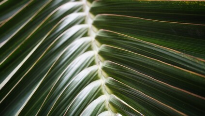 A textured close-up of dark green palm fronds, highlighting the central vein and the repeating...
