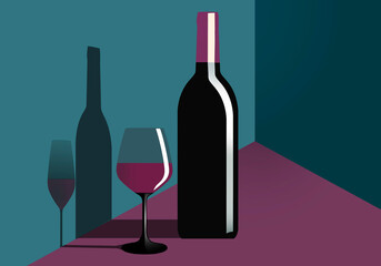 A glass of red wine and a wine bottle are seen in sunliight and casting shadows on a wall in a 3-d illustration about fine wines.