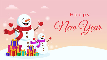 Happy New Year Greeting Banner with Snowman and Gift Boxes. Festive New Year banner featuring a cheerful snowman, colorful presents, and snowy background. perfect for holiday greetings, web headers.