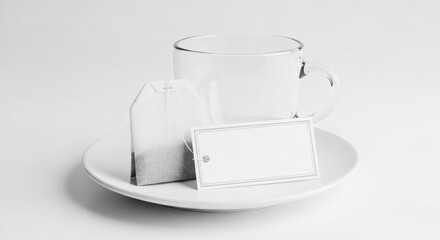 Tea Bag and Blank Label Mockup with Clear Glass Cup and Saucer