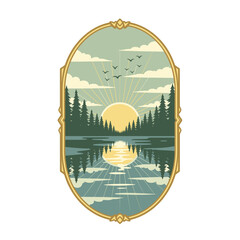 nature forest landscape lake sunrise pines tree birds on water cloud frame yellow