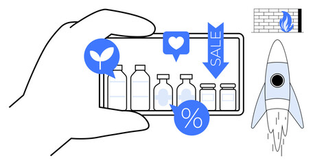 Hand holding smartphone showing bottles, eco sprout, heart, discount tag, and growth icons. Ideal for e-commerce, sustainability, sales marketing SEO innovation digital growth. Simple flat