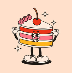 Groovy piece of cake character in retro style. Flat vector illustration.