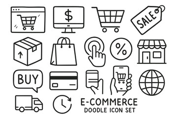 Doodle icons representing e-commerce concepts and transactions  