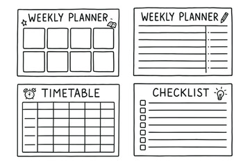 Weekly planner templates with checklist and timetable in sketch style