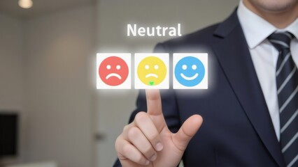 Businessperson Selecting Neutral Feedback Emoji, Studio Background
