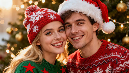 A cheerful young couple posing closely together against a softly blurred background of twinkling Christmas lights. Christmas, Christmas Tree, Merry Christmas, Christmas Background, Christmas Lights