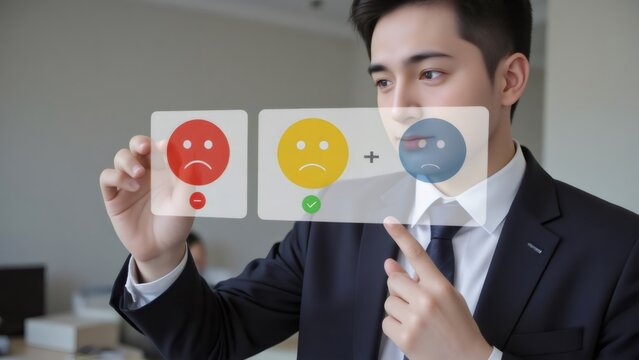Asian businessman using augmented reality to select customer feedback ratings indoors
