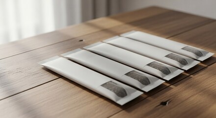 Multiple Blank White Stick Pack Sachets with Window on Wooden Table