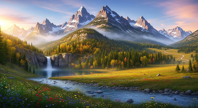 Sunrise over mountain lake landscape with forest and snow peaks