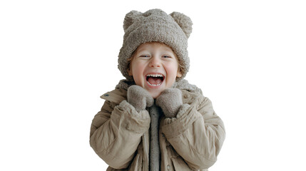 little boy in winter clothes smiling and laughing