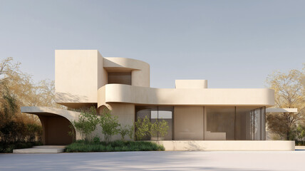 3D render of a modern house with organic curves and minimalist beige tones, blending soft geometry and natural light