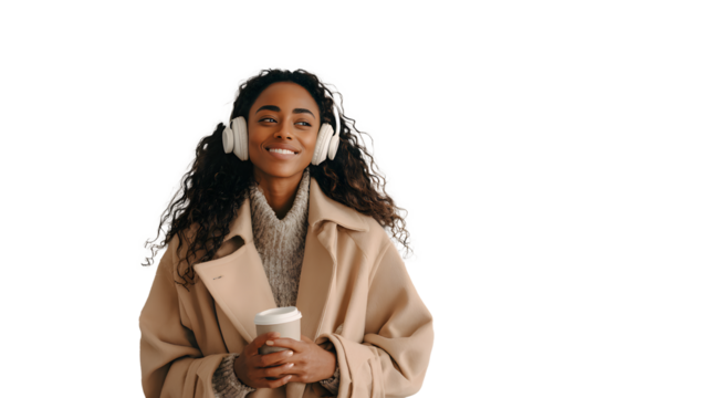 A young, beautiful smiiling dark-skinned woman wearing white over-ear headphones and holding a cup of coffee. She's wearing a warm coat.