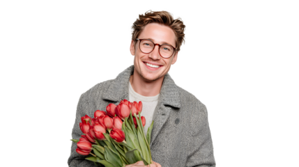 Smiling man in a jacket with a bouquet of red tulips for international women's day