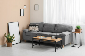 Coffee table and sofa in interior of living room