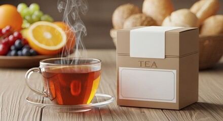 Tea Packaging Box Mockup with Steaming Cup and Fresh Fruits on Wood Table