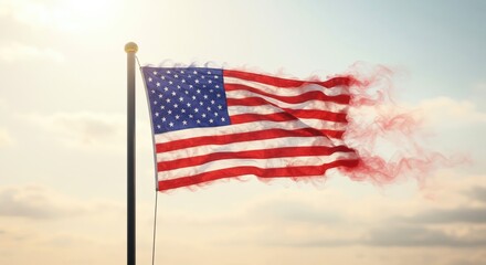 Obraz premium The American flag waves proudly from its pole, with a stream of reddish smoke flowing right side, set against gentle, cloudy sky.
