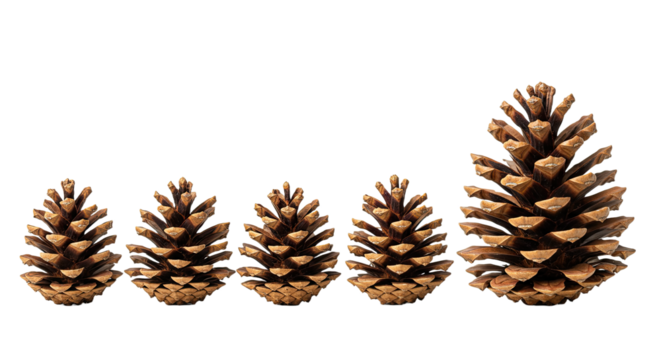 Five Pine Cones Lined Up Showing Size Progression.