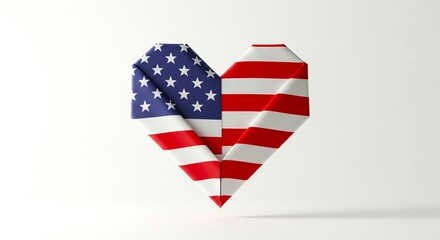 An origami heart, decorated with the American flag's stars and stripes, sits on a plain white surface, demonstrating creative expression of national pride affection.