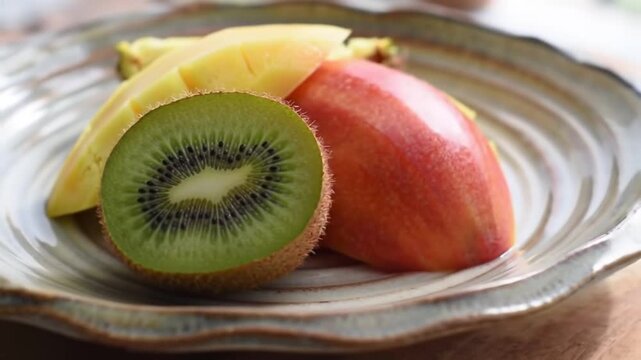 Fresh fruit platter with kiwi mango and apple on decorative plate