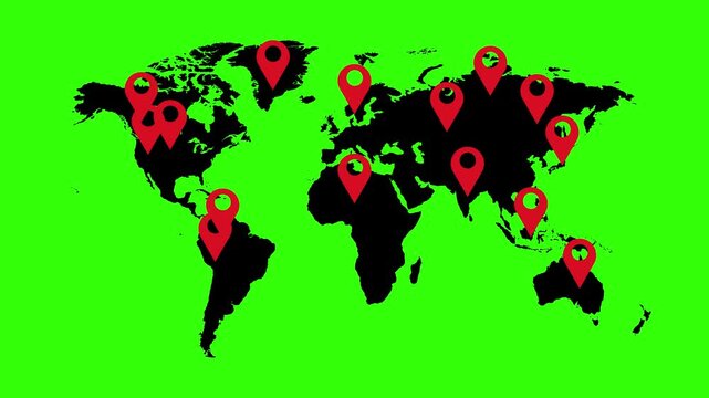 Animated corporate world map with red location pointers on a green screen background. Ideal for global business, network, and corporate presentation projects.