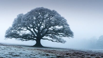 A magnificent, frost-covered oak tree stands majestically in a misty, tranquil landscape.