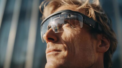 Close up portrait man using advanced augmented reality smart glasses, symbolizing innovation, tech trends. Sunlight highlights his focused expression, sleek design wearable devices - Powered by Adobe