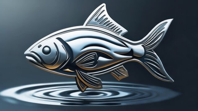 Silver Fish Sculpture with Ripples in Water, Artistic Design.