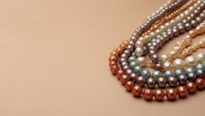 Multicolored pearl necklaces arranged artfully against a neutral backdrop.