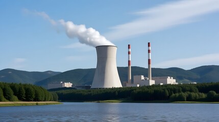 Dramatic power plant vista with cooling tower against mountainous backdrop, showcasing energy production and environmental considerations under clear blue skies