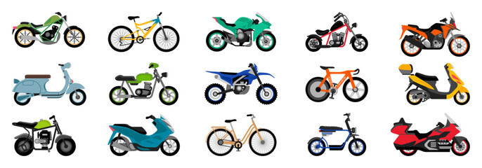 Obraz premium Motorbike set. Motorcycles and scooters, bikes and choppers. Speed race and delivery retro and modern vehicles flat vector motor transport detail sports road moto collection
