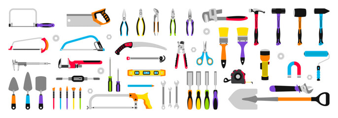 Construction tools set. Collection of tools for repair, construction, finishing work. Work accessories for locksmith, electrician, plumber, builder, carpenter. Isolated vector illustration.