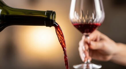 Pouring red wine from a bottle into a glass held by a hand in a blurred background setting indoors