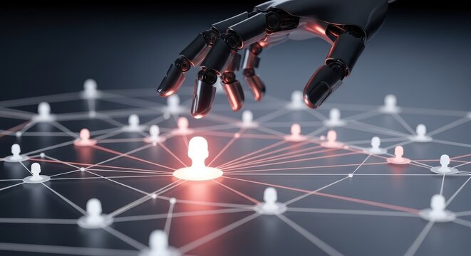 A robotic hand hovering over a network of glowing human icons connected by thin white lines in the dark