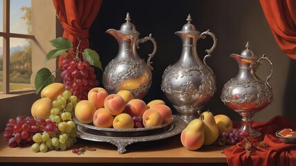 Classic still life painting style in warm tones featuring ornate silver pitchers, ripe peaches, red and green grapes, pears on a wooden table with red drapery
