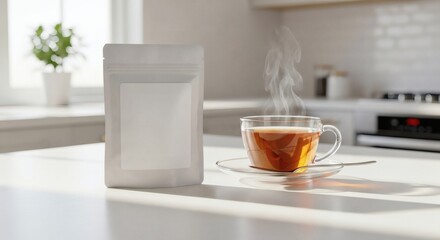 Blank White Pouch Mockup with Steaming Tea Cup on Kitchen Counter