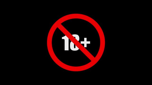 Eighteen Plus Warning Symbol Animation Featuring Red Prohibited 18+ Sign with Diagonal Ban Line on Dark Background, Showing Age Restriction and Forbidden Access Concept