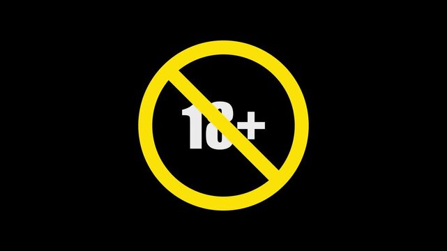 Animated Red 18 Plus Prohibition Sign with Diagonal Line on Black Background, Showing Age Restriction Warning Symbol, Under 18 Forbidden, Not Allowed, and Censored Access Concept