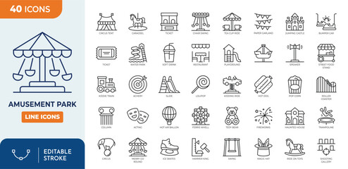 Amusement park line editable icon set. featuring Circus, roller coaster, ferris whell, street food, and more . thin linear illustration.