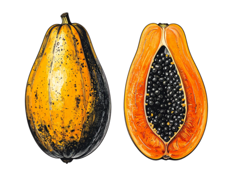 Detailed Botanical Papaya Drawing in Vintage Style Isolated on Transparent Background