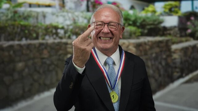 Senior man wearing a business suit and medal makes a hand gesture on a street, smiling amidst outdoor greenery, capturing a mix of formality and humor.