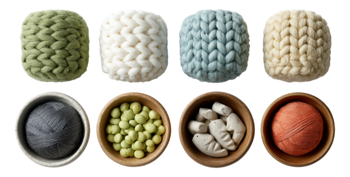 Soft Yarn Balls and Craft Supplies on Isolated Transparent Background