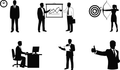 Business people silhouettes, teamwork, office work, presentation, leadership, success, time management, target achievement, workplace growth, professional strategy, corporate planning