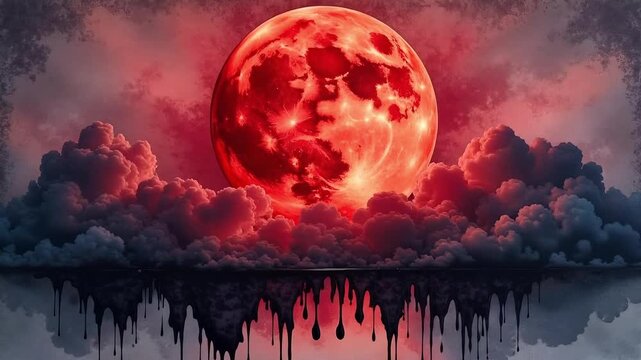 Dramatic blood moon rising over moody clouds, a fantasy landscape with dark reflections for Halloween, horror, or science fiction themes