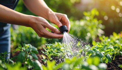 Woman Hands Watering Garden Plants with Black Sprinkler under Golden Sunlight with Lush Green Foliage